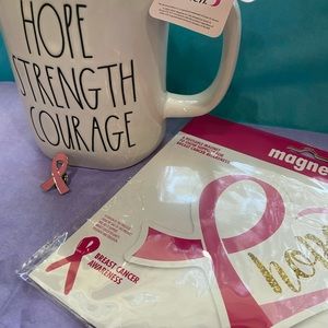 Rae Dunn HOPE STRENGTH COURAGE  mug with breast cancer magnet and lapel pin